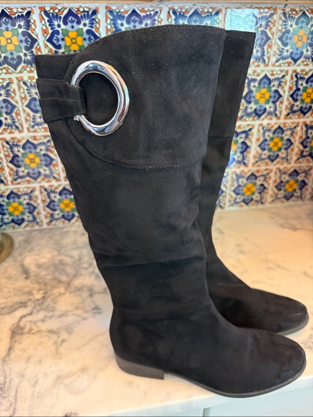 Impo Black Suede Over-the-Knee Boots with Silver Ring Accent